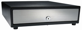 APG, VASARIO SERIES, STANDARD-DUTY CASH DRAWER, MULTIPRO 24V, BLACK, STAINLESS STEEL FRONT, 19X15, DUAL MEDIA SLOTS, FIXED 5X5 TILL, REQUIRES CABLE, KEYED 435